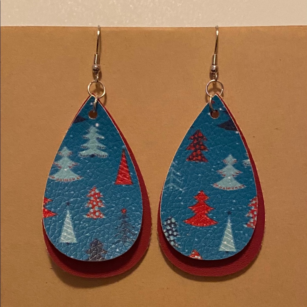 Handmade Faux Leather Earrings- Red & Blue Trees